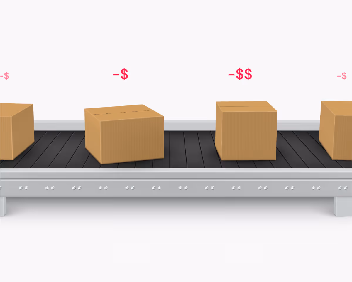 Cardboard boxes on a conveyor belt with red dollar signs above them representing cost.
