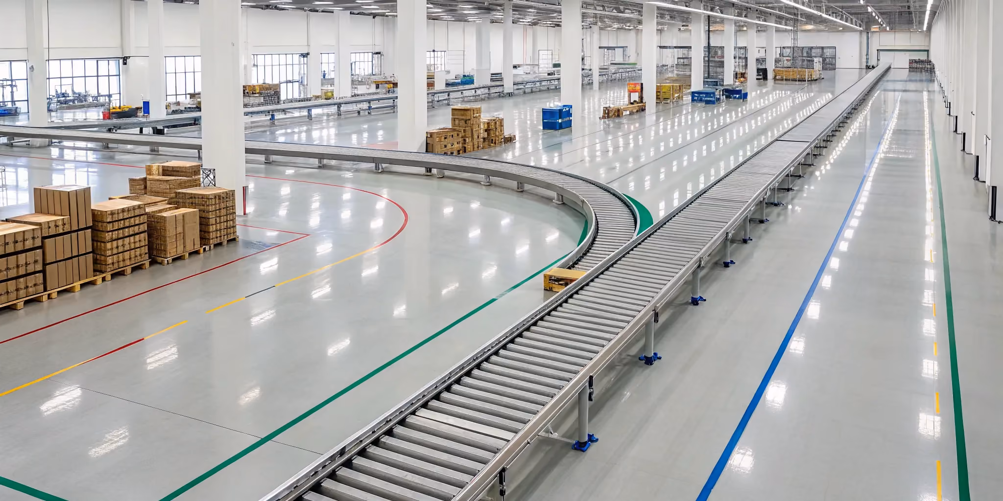 Boxes on a warehouse conveyor belt as part of the reverse logistics and returns management process.