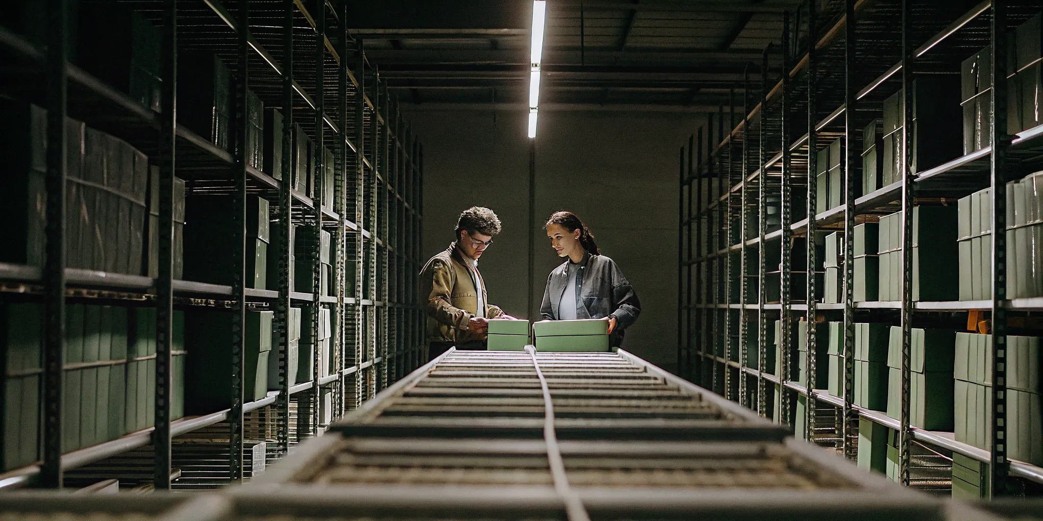 Warehouse workers inspecting returned merchandise on a processing line