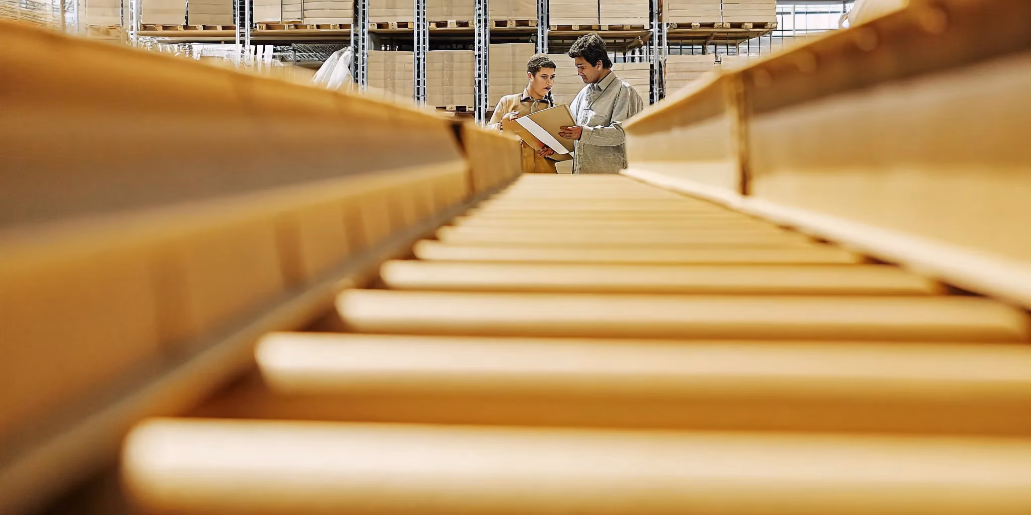 Warehouse operations team managing returned merchandise on a sorting line