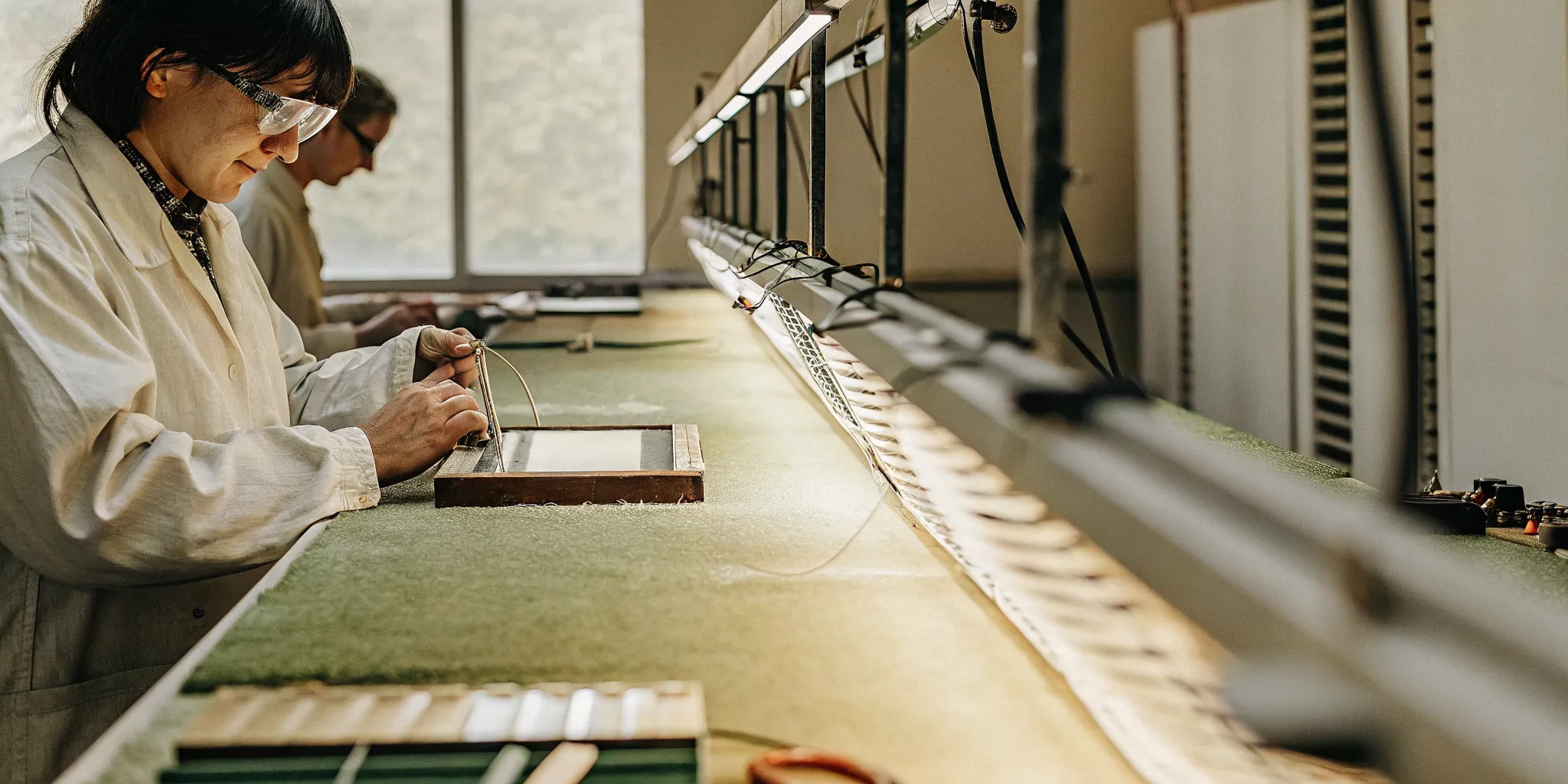 Technician testing returned electronics at a refurbishment workbench