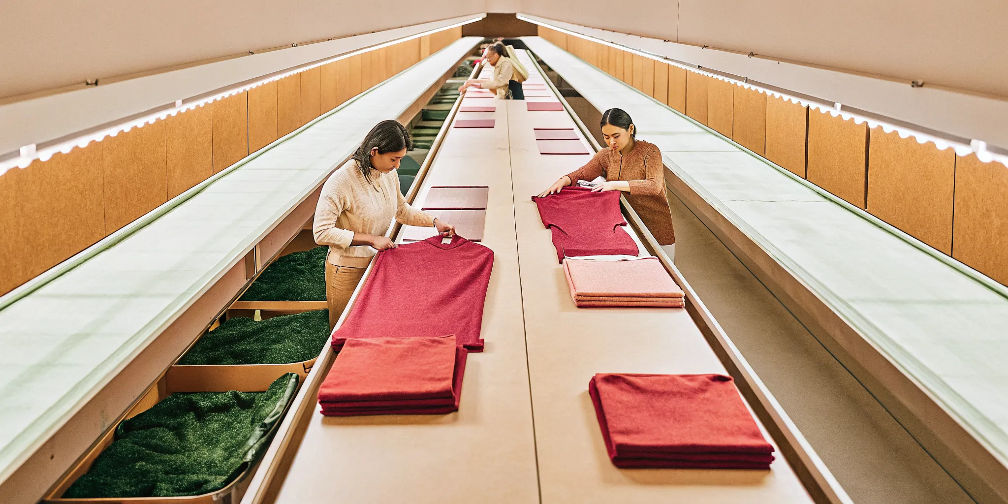 Workers examining returned electronics and apparel at organized grading and inspection workstations with proper task lighting