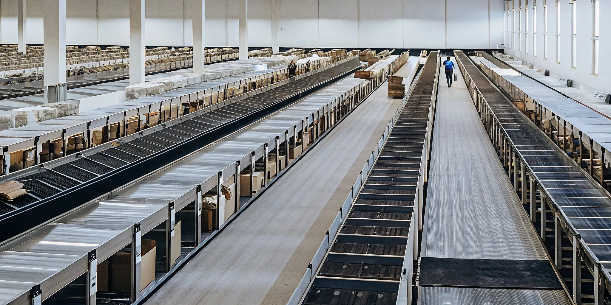 Centralized retail reverse logistics hub with processing lanes sorting returned merchandise for resale and refurbishment