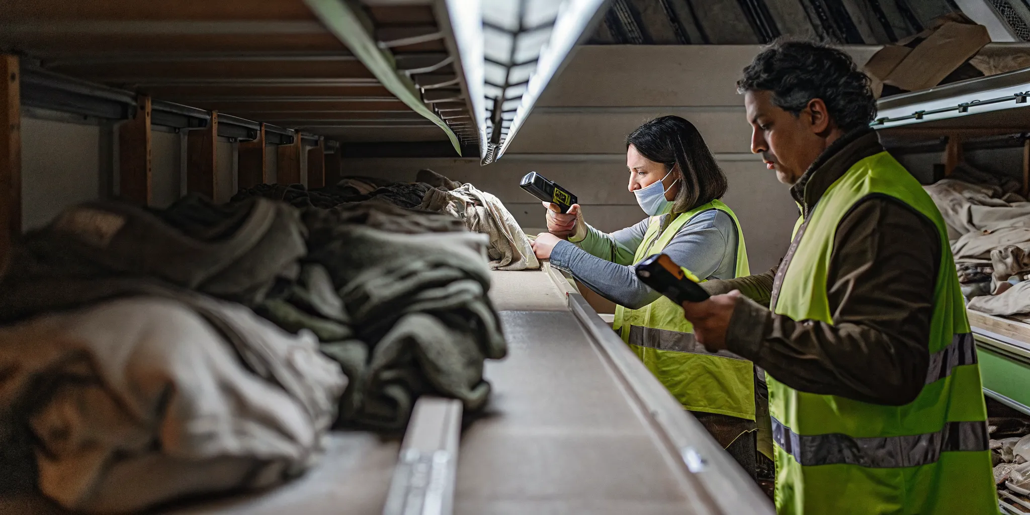 Retail reverse logistics hub staff scanning and grading returned electronics and apparel at inspection workstations