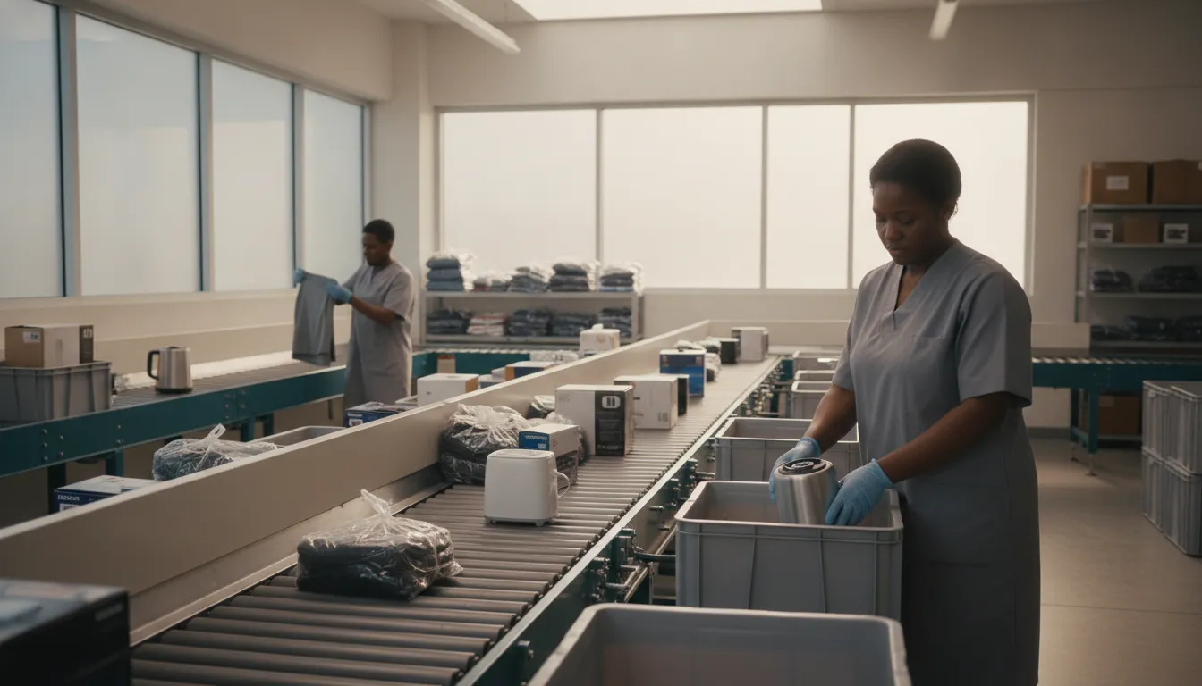 Sorted returned products moving through a retail recovery operation