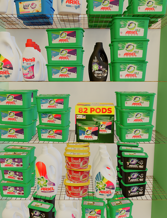 shelves filled with ariel and persil produtcs