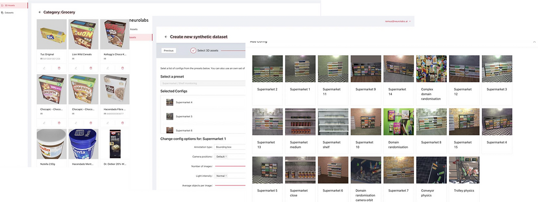 Multiple screens of the Neurolabs platform being used to train a Synthetic Computer Vision model.