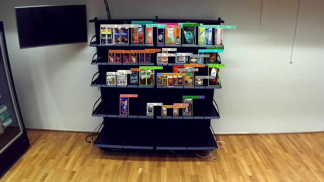 A supermarket shelf in a lab environment with bounding boxes around each product on the shelf.