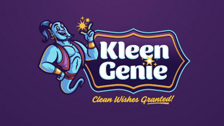 Kleen Genie logo with a blue genie character on purple