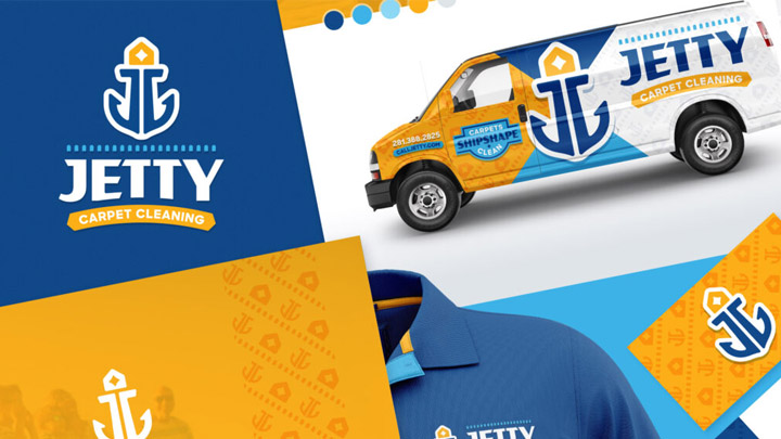 Jetty Carpet Cleaning identity across logo, colors, uniform, and vehicle