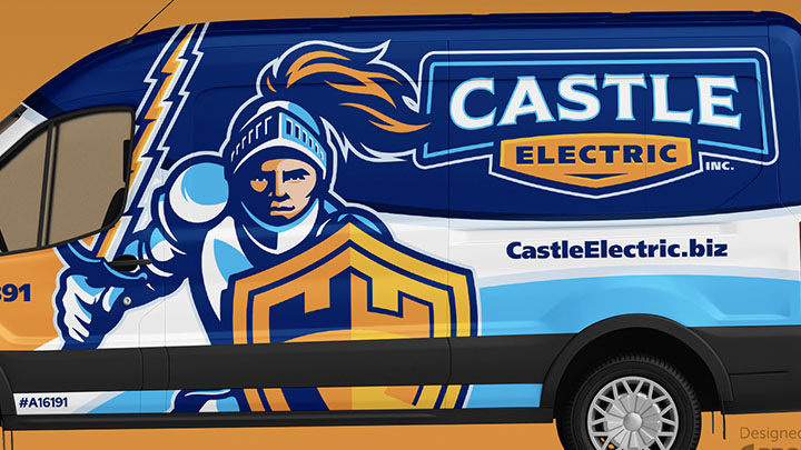 Castle Electric knight mascot applied to a blue and gold van