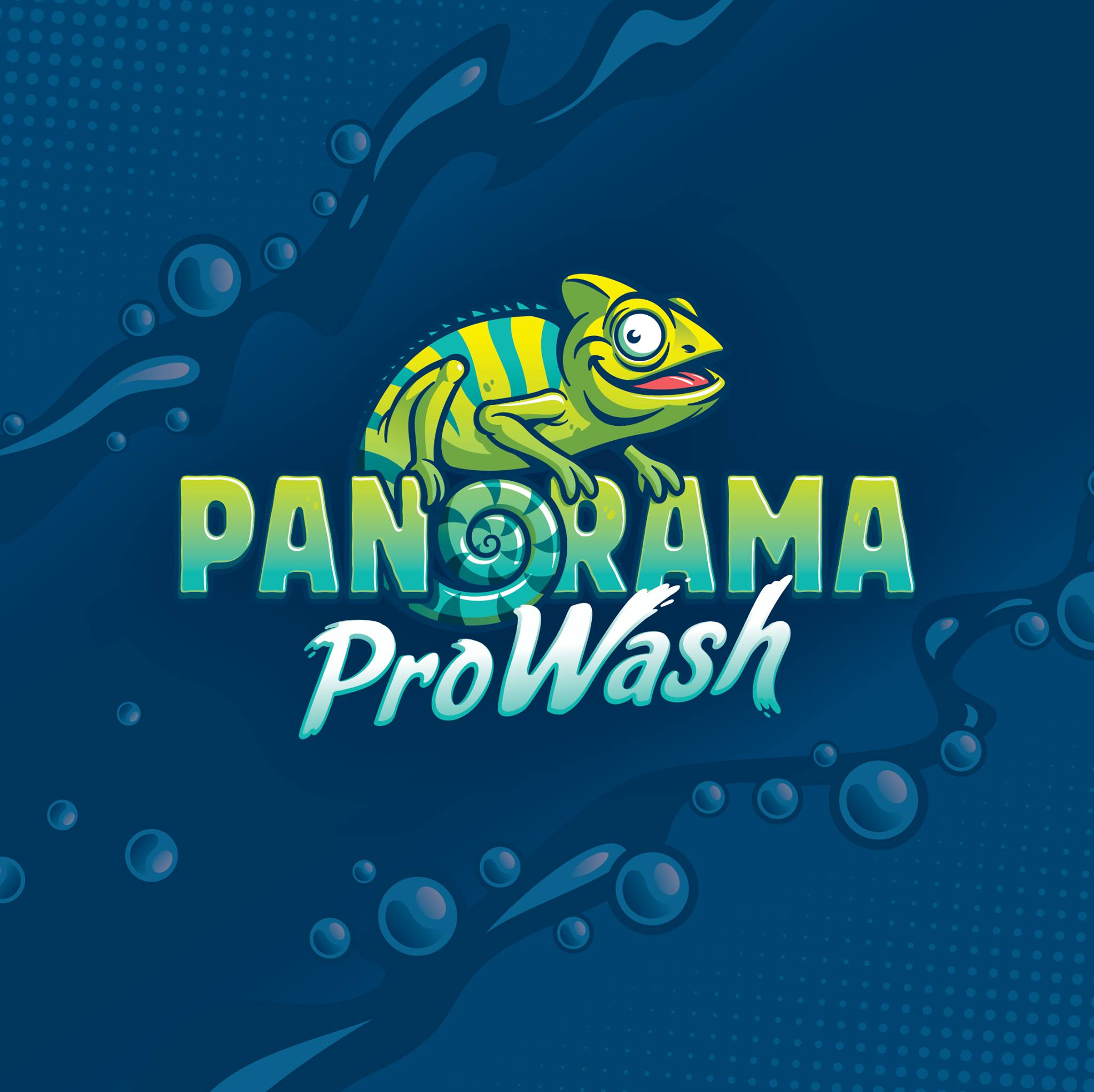 Panorama ProWash chameleon mascot and logo.