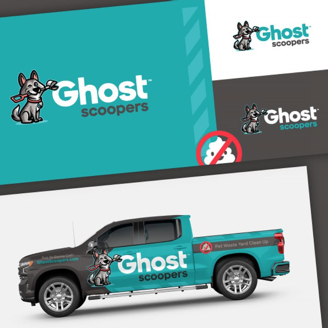 Ghost Scoopers logo variants and pickup-wrap concept