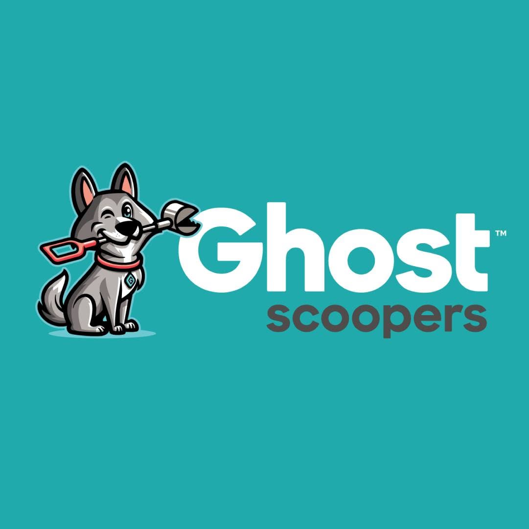 Ghost Scoopers wordmark and dog mascot