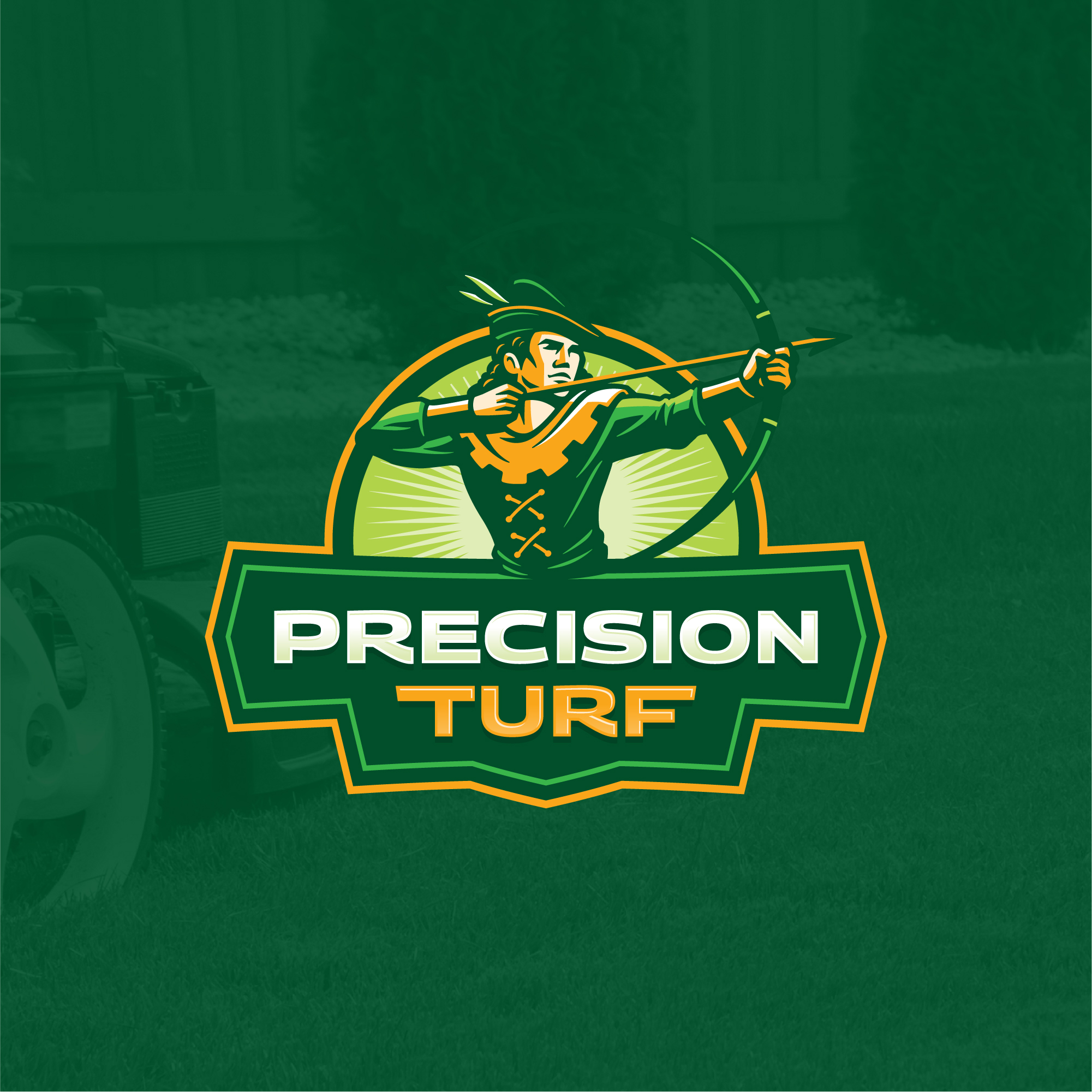 Precision Turf archer mascot and green-and-gold identity