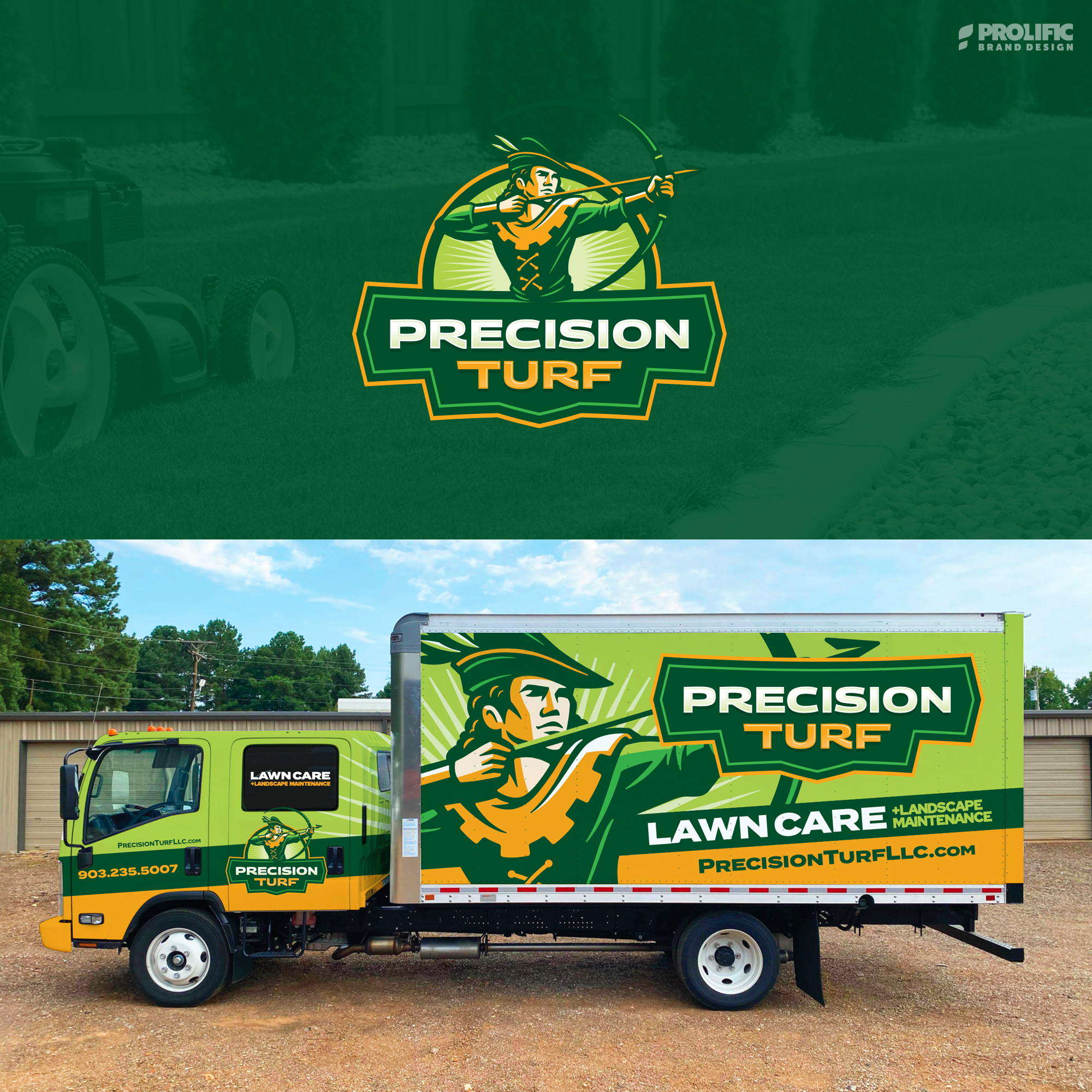 Precision Turf identity above a photographed wrapped box truck