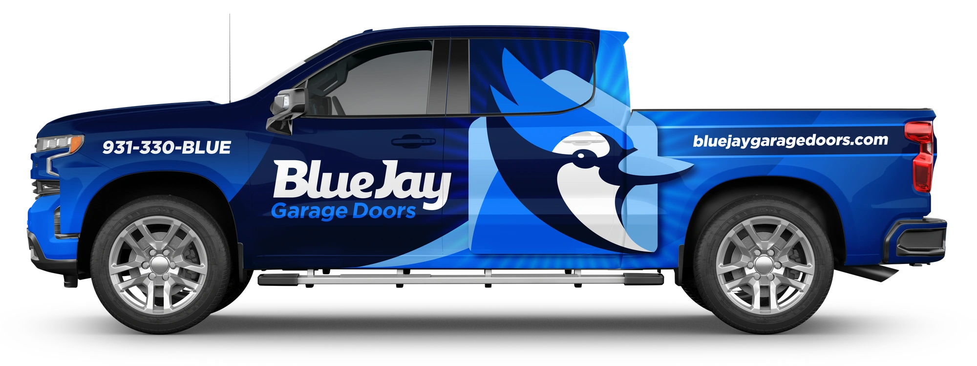 BlueJay Garage Doors approved pickup-wrap design in bright blue and navy.