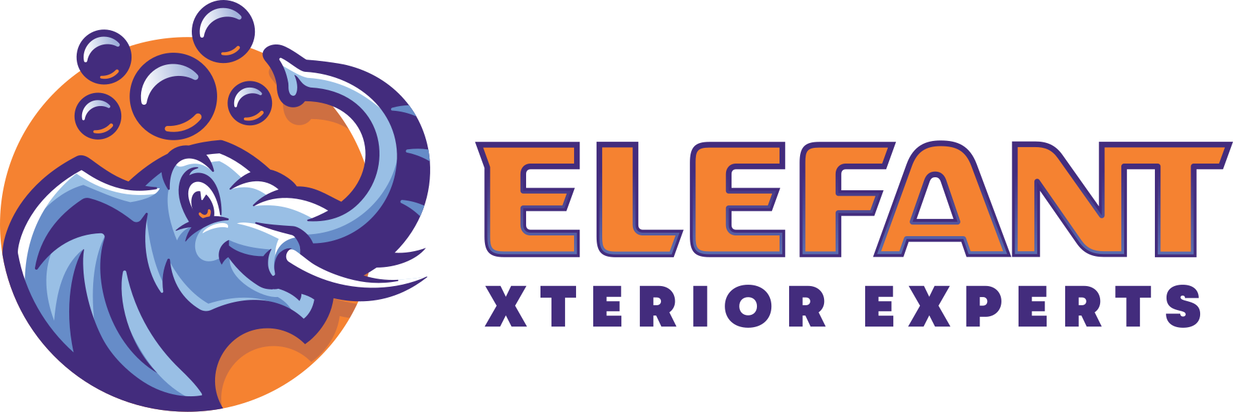 Elefant Xterior Experts elephant-and-bubbles logo in purple and orange.