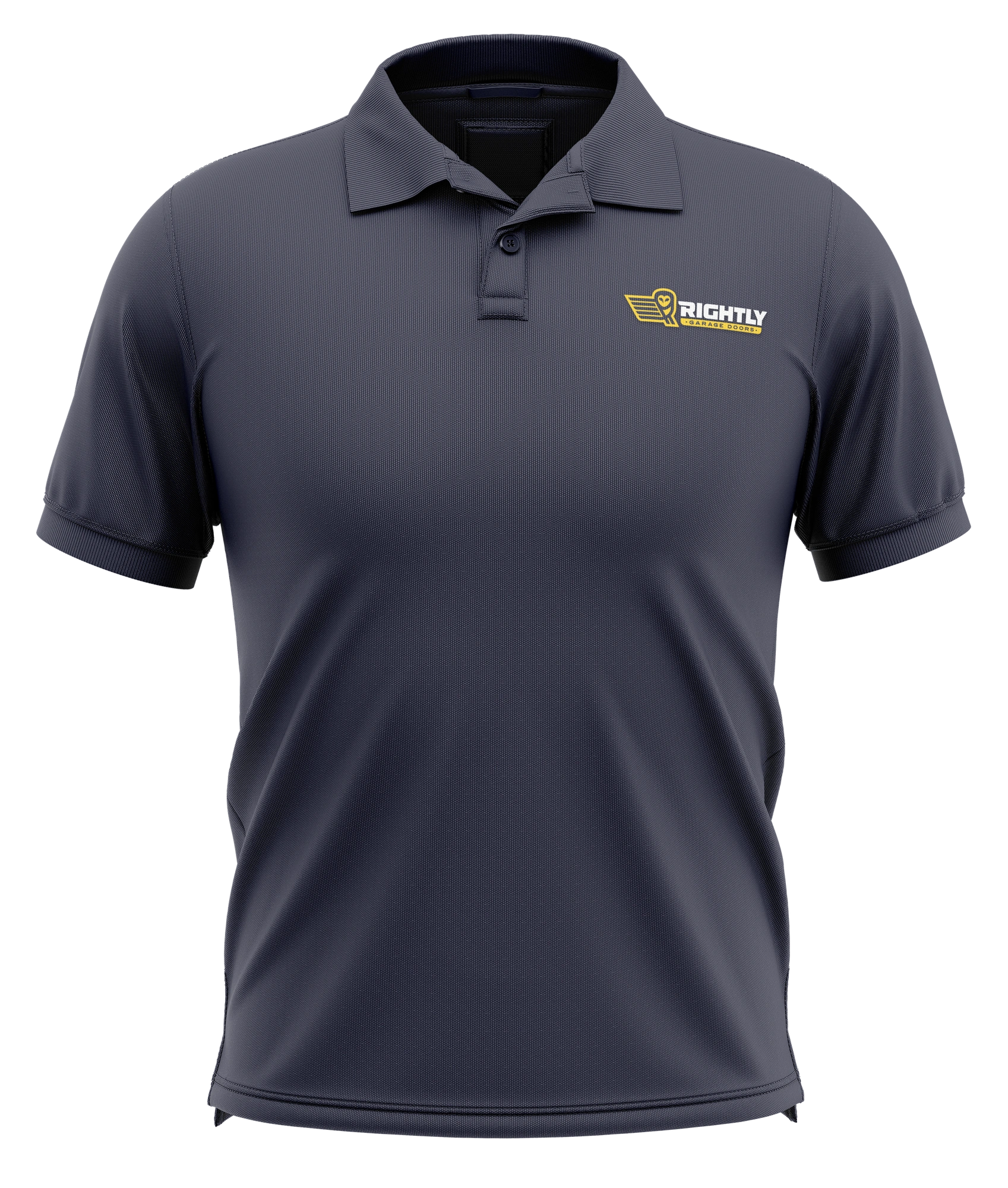 Charcoal polo mockup with the Rightly Garage Doors chest logo.
