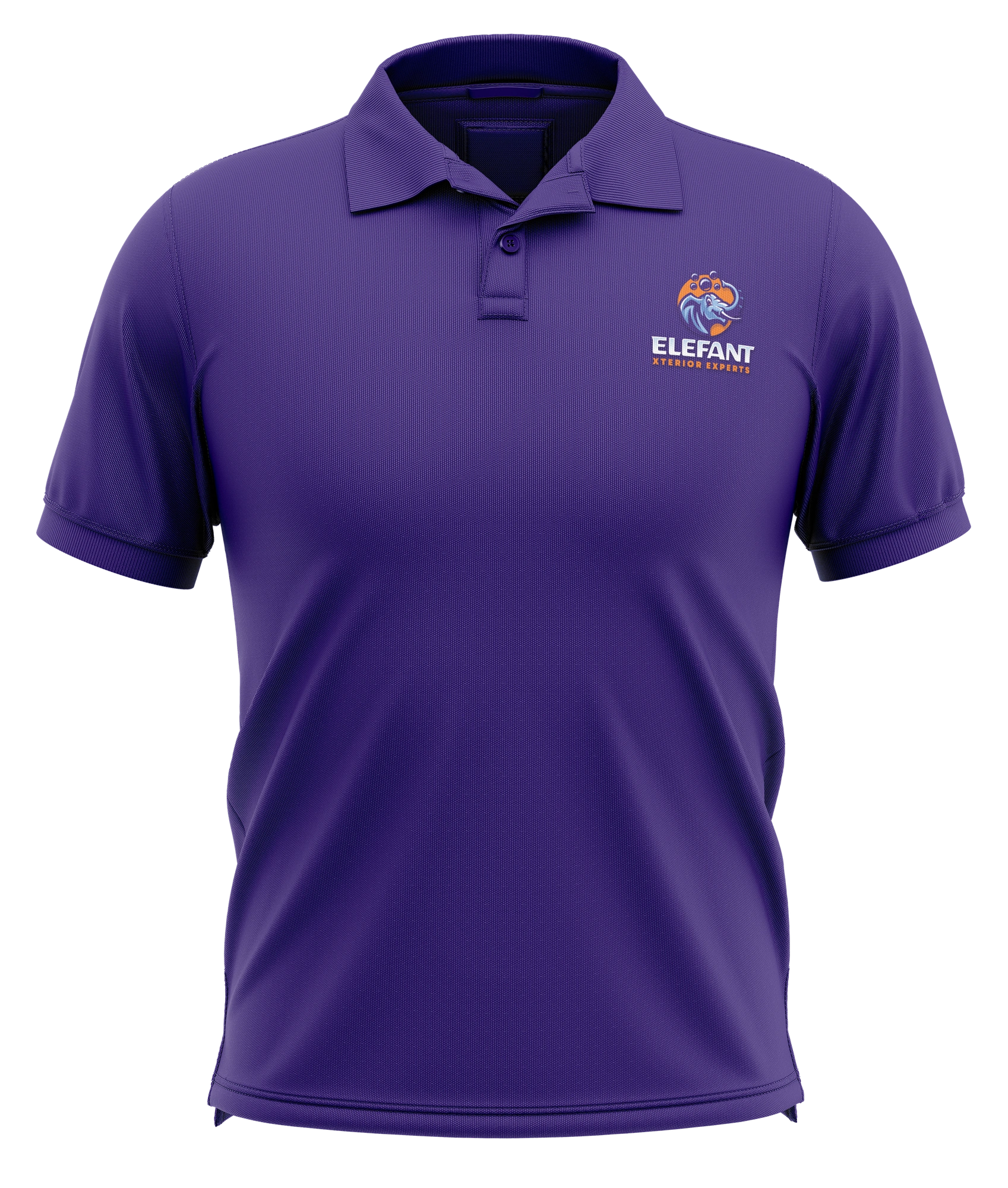 Purple polo mockup with the Elefant Xterior Experts chest logo.