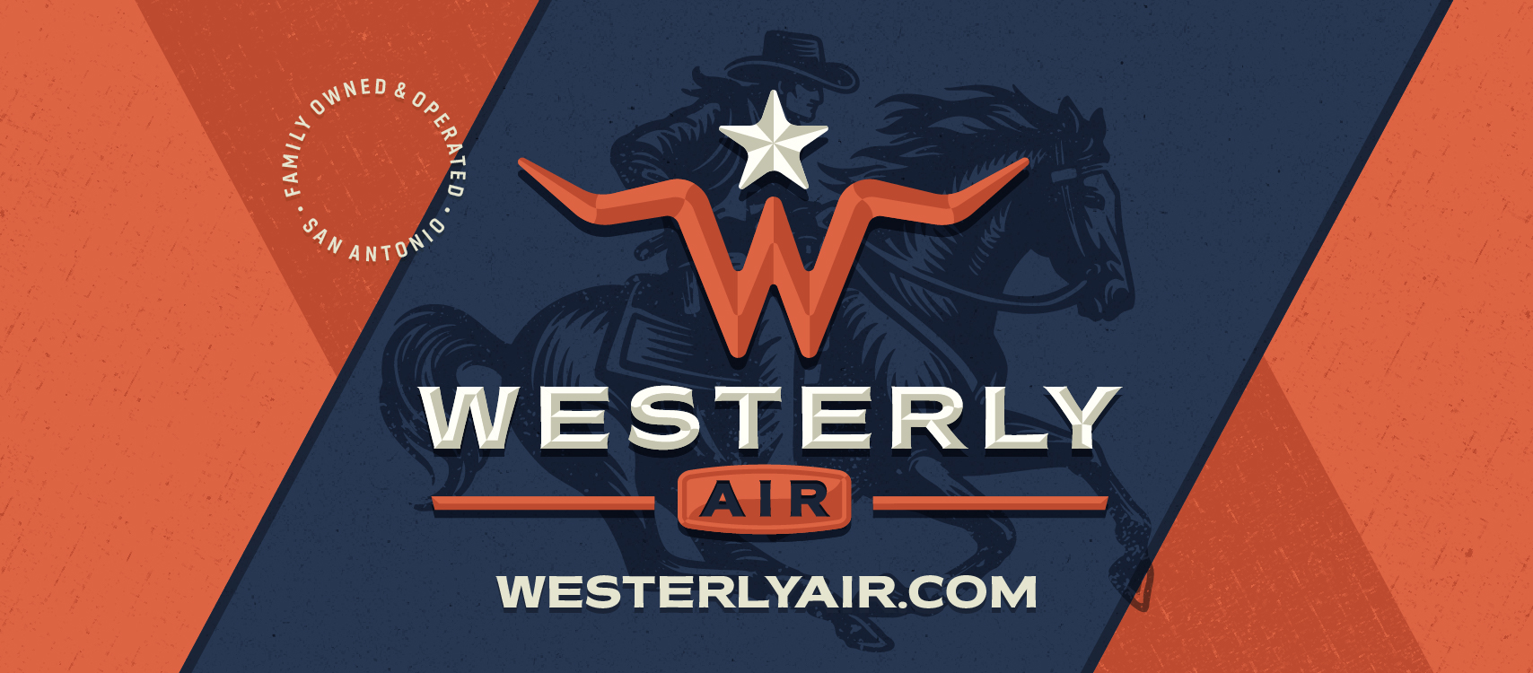 Westerly Air orange-and-navy social banner with western-inspired background artwork
