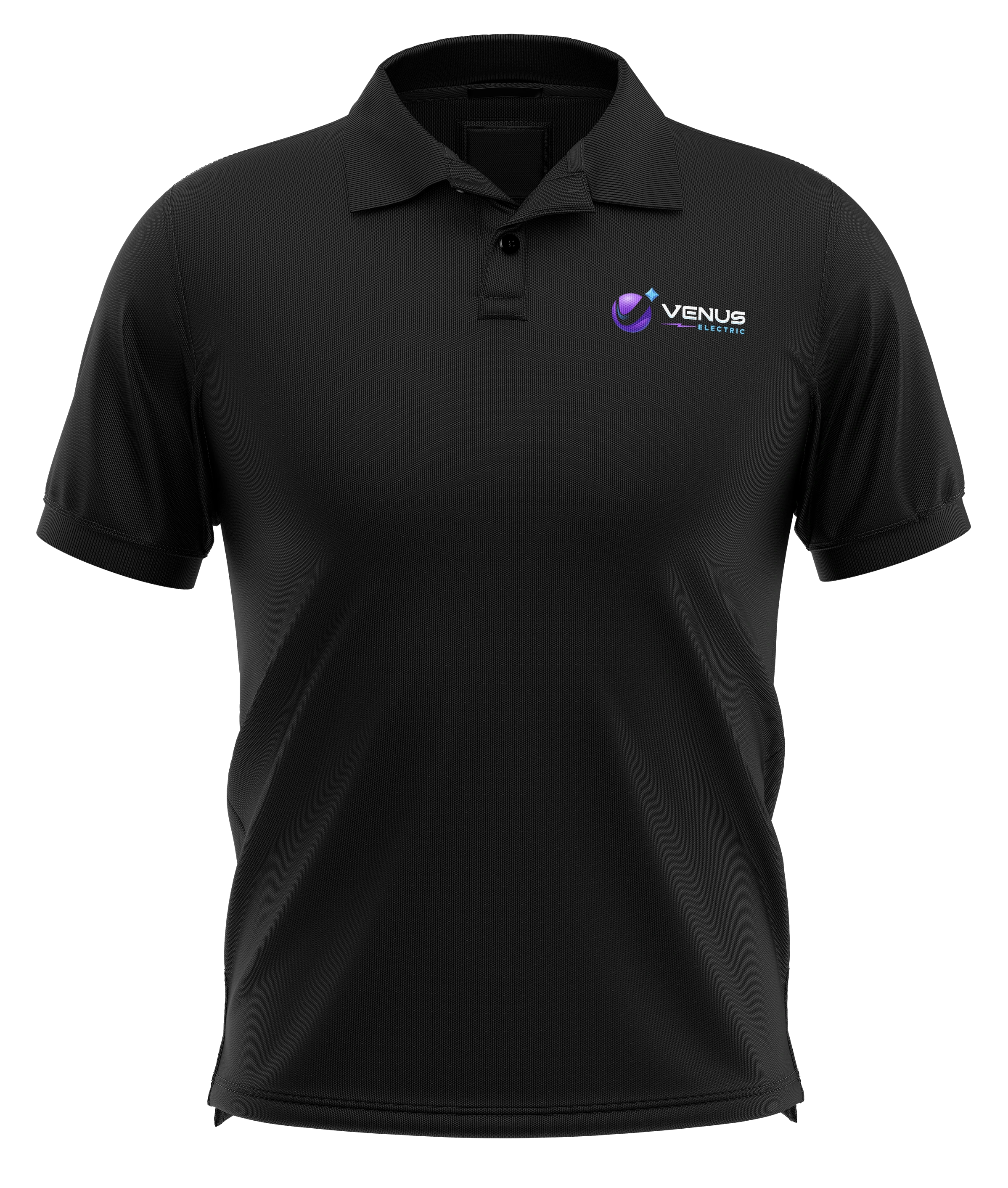 Black Venus Electric polo-shirt mockup with a small purple-and-cyan chest logo