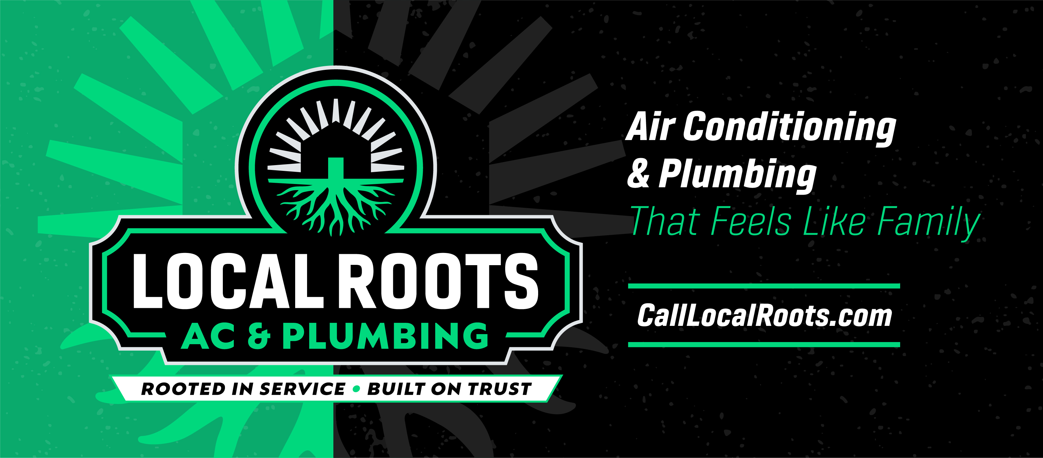 Local Roots AC and Plumbing green-and-black social banner with a root-and-sun emblem