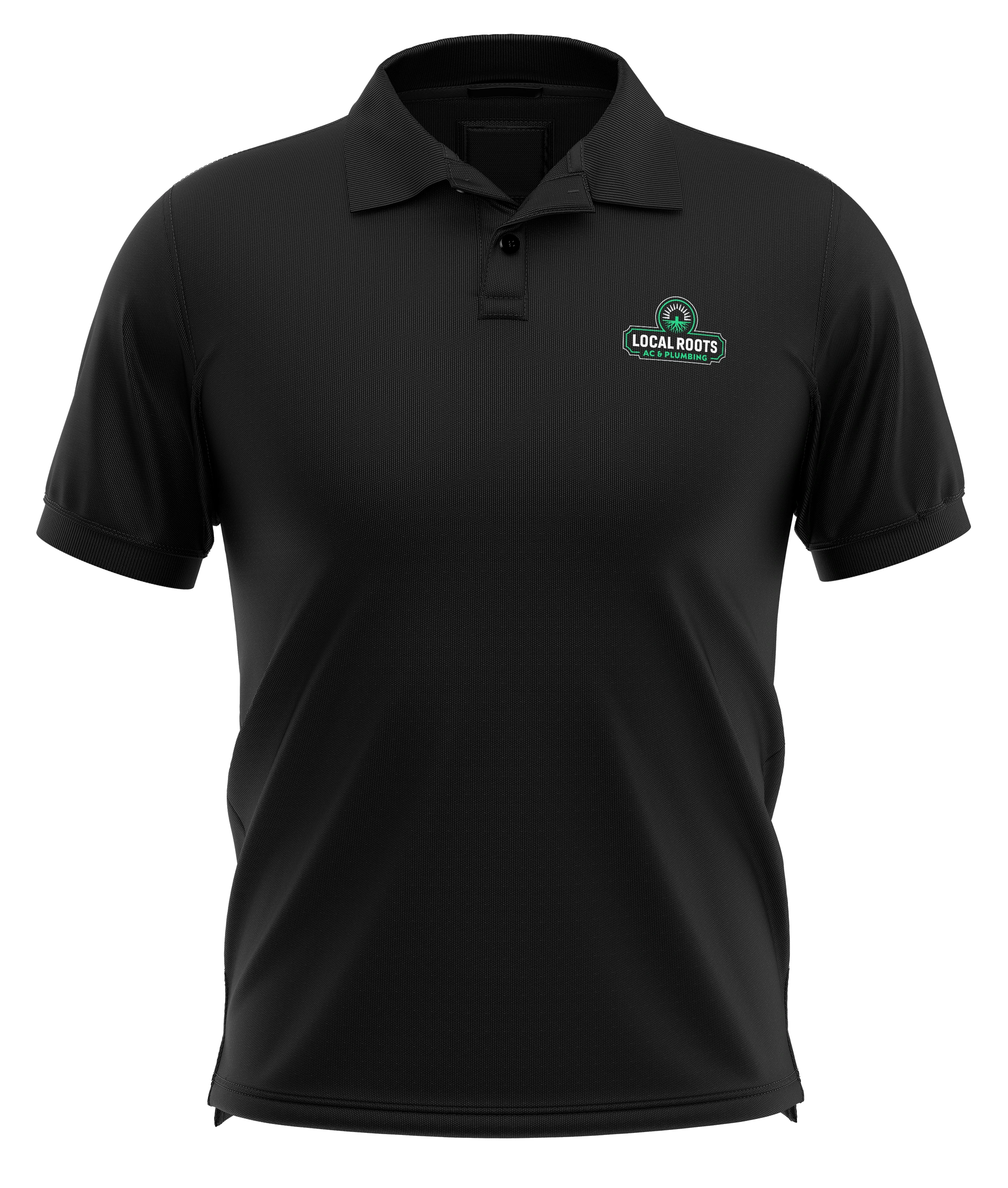 Black Local Roots AC and Plumbing polo-shirt mockup with a green chest logo