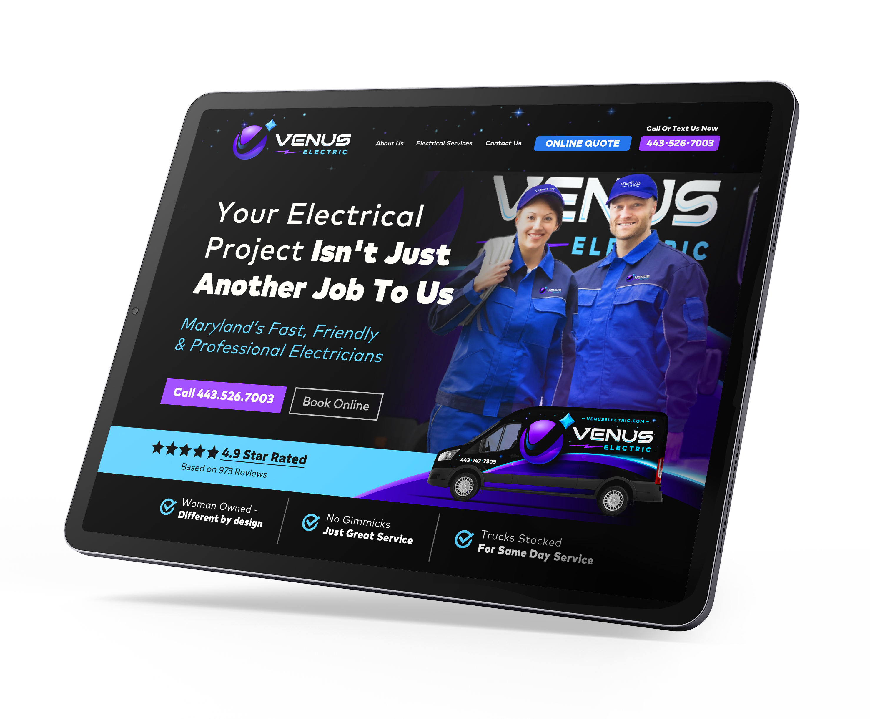 Venus Electric website concept displayed on a tablet with purple-and-cyan accents