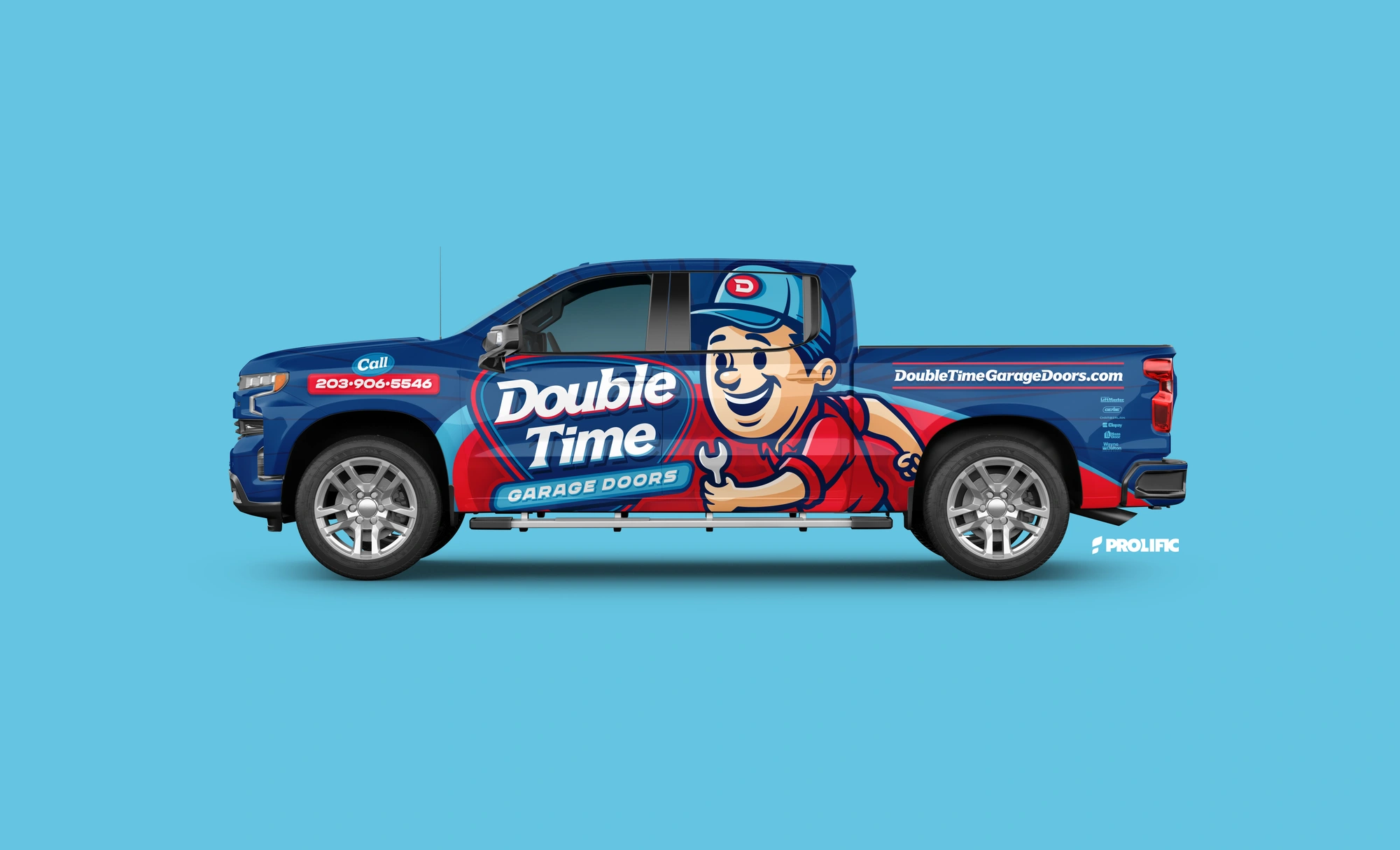 Double Time Garage Doors navy, cyan and red pickup-wrap mockup.