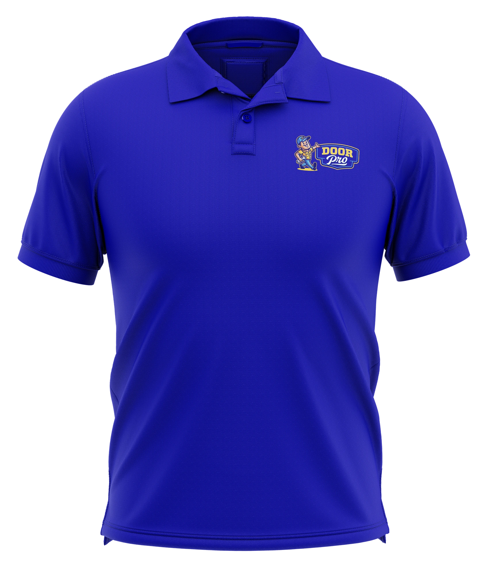 Blue polo mockup with the Door Pro chest logo.