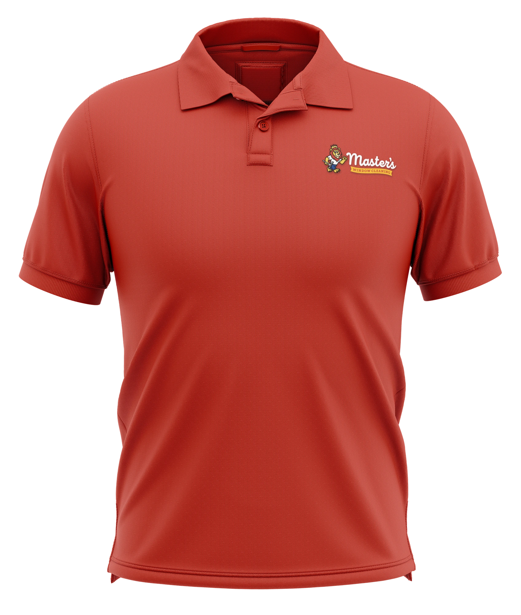 Red polo mockup with the Master’s Window Cleaning chest logo.