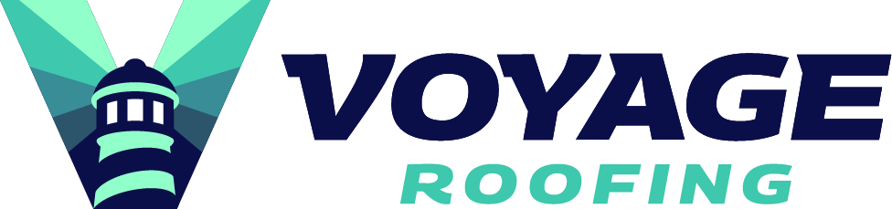 Voyage Roofing lighthouse-and-V emblem with a navy and mint-green wordmark.