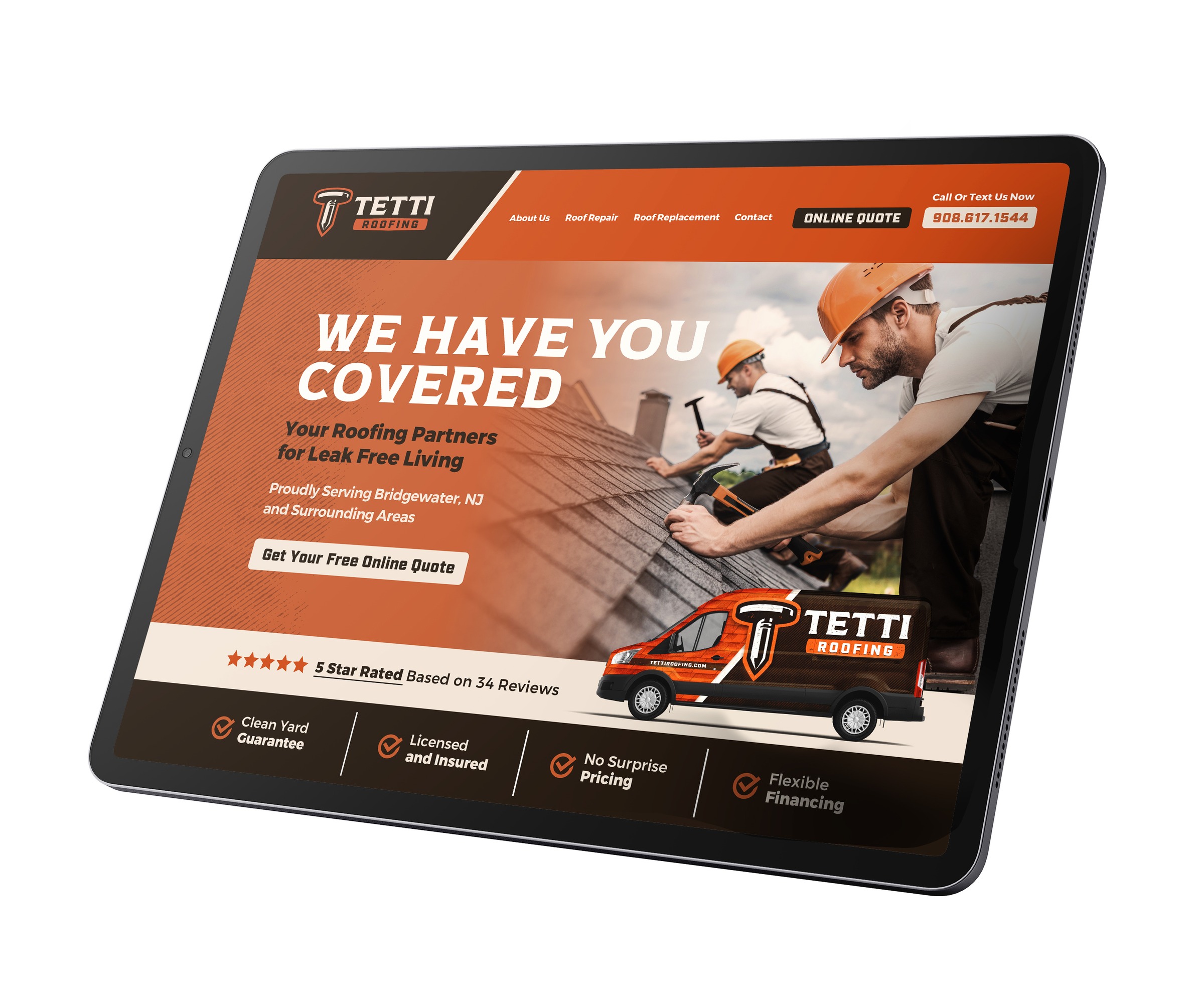 Tetti Roofing website concept shown on an angled tablet, using orange accents and roofing imagery.