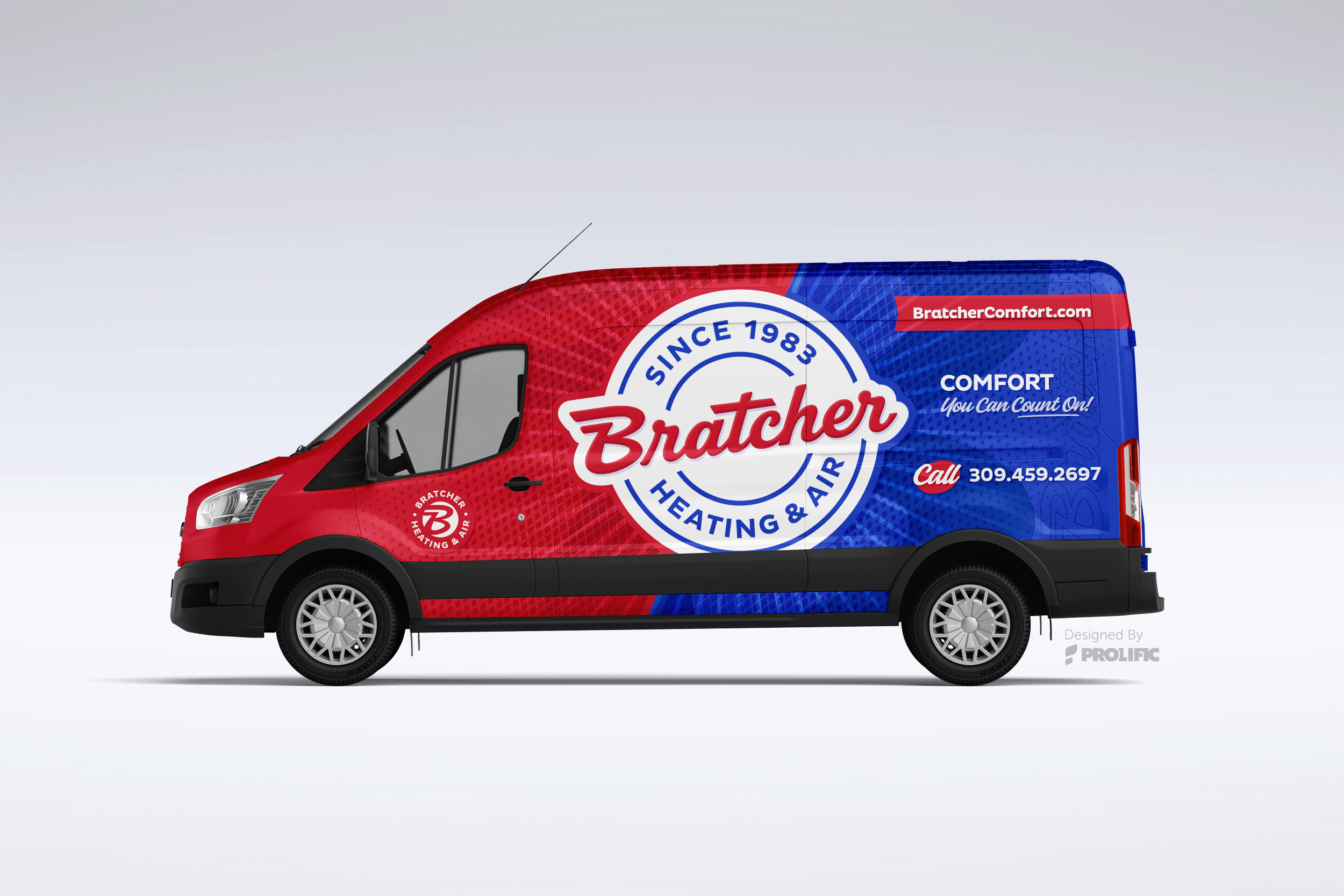 After design mockup: approved Bratcher Heating & Air vehicle-wrap design.