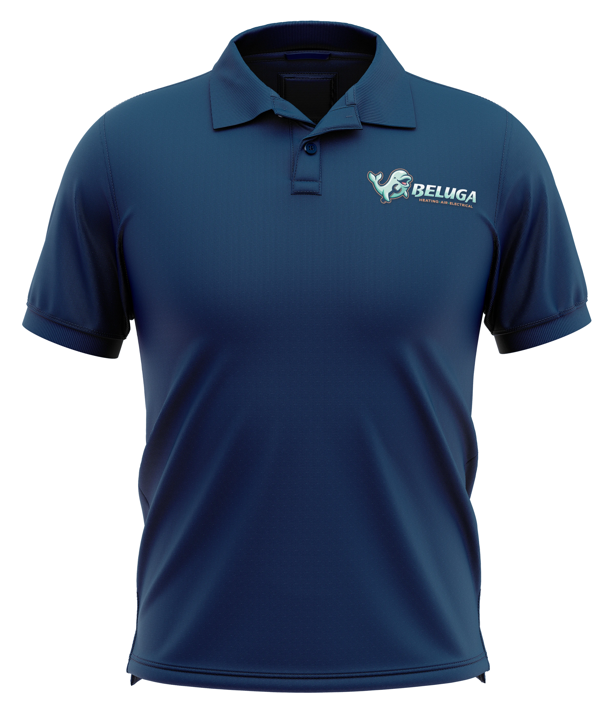 Navy Beluga polo-shirt mockup with a small whale mascot and wordmark on the chest
