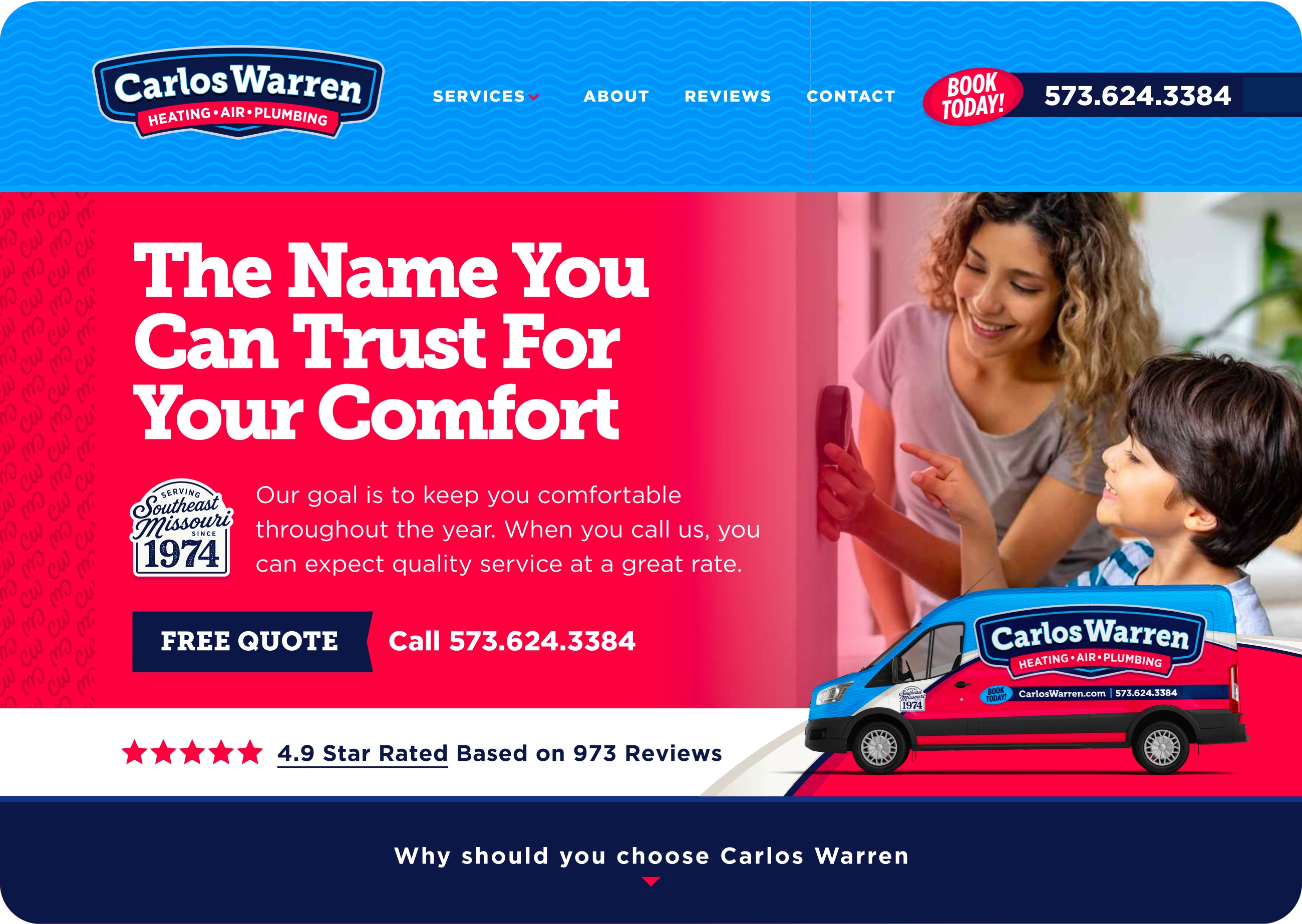 Carlos Warren website concept with a blue header, red content panel and dark call-to-action buttons