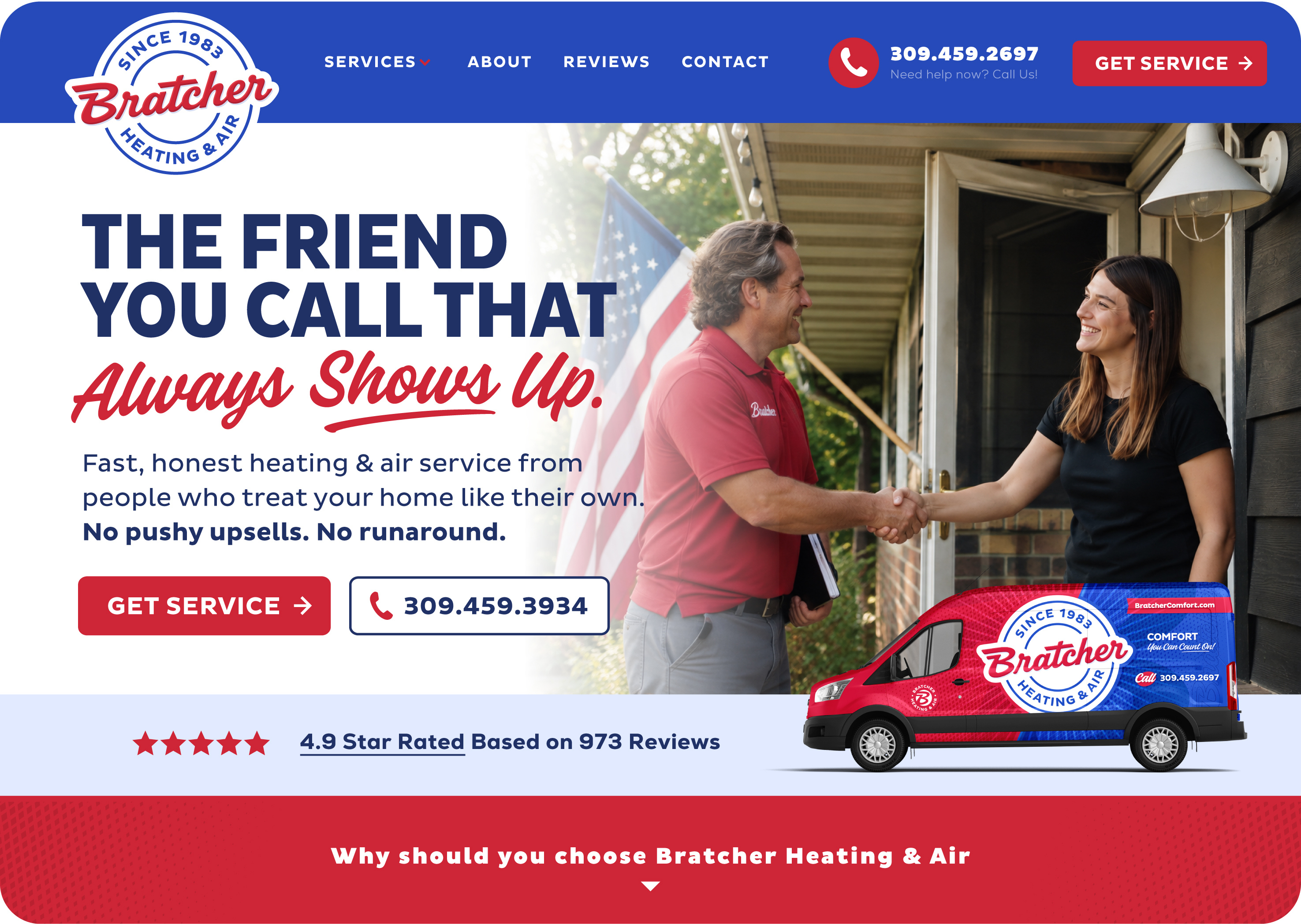 Bratcher Heating and Air website concept with blue navigation, a red script headline and service buttons