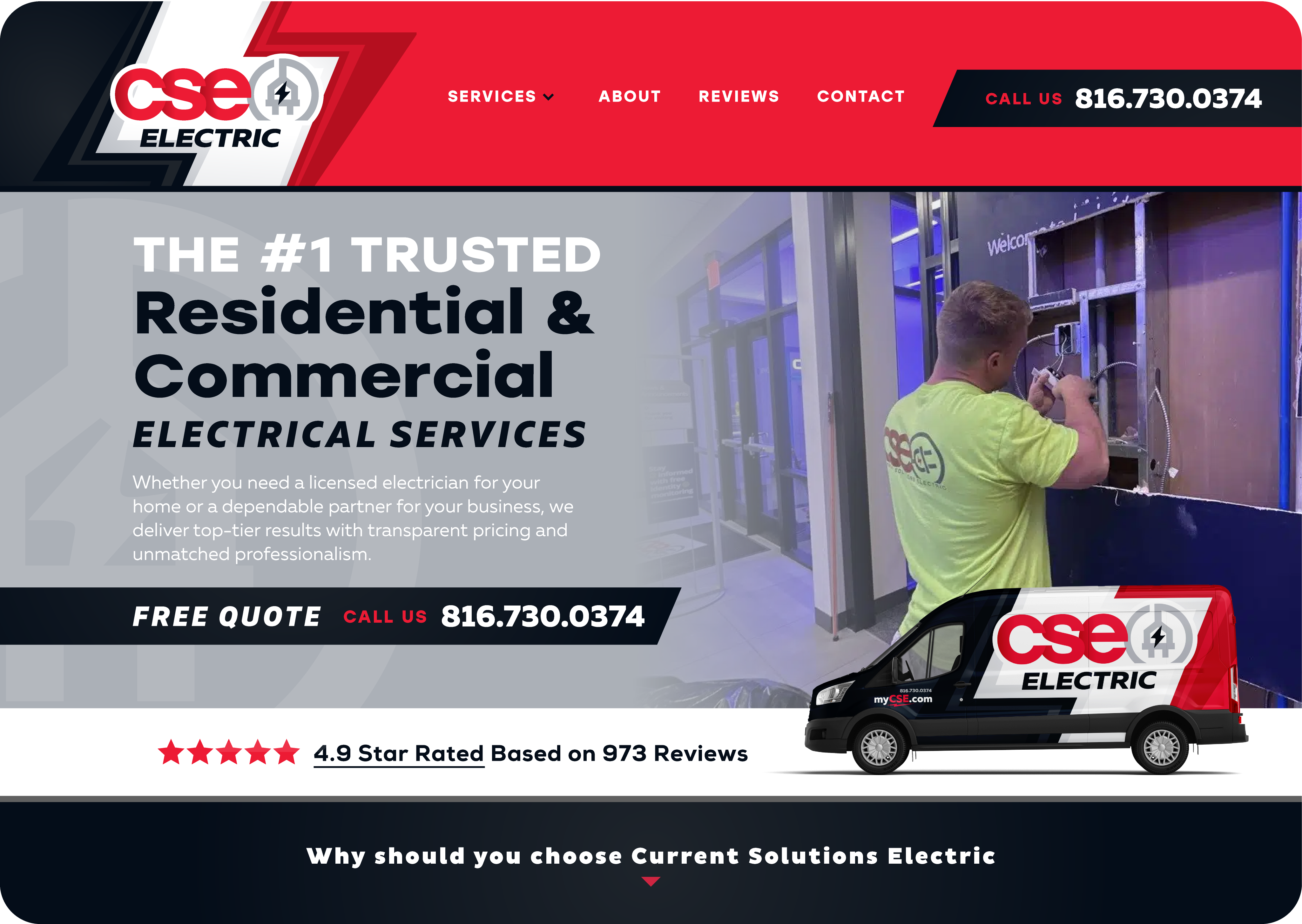 Current Solutions Electric website concept with red navigation, an electrical symbol and black call-to-action areas