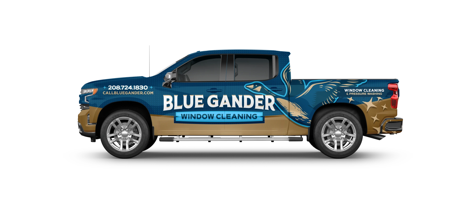 After design mockup: approved Blue Gander Window Cleaning vehicle-wrap design.