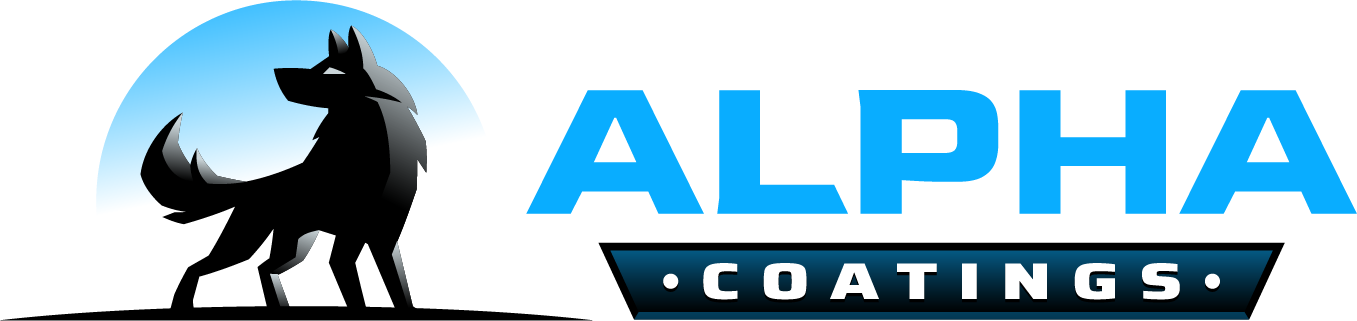 Alpha Coatings black wolf emblem beside the bright-blue wordmark and dark Coatings bar.