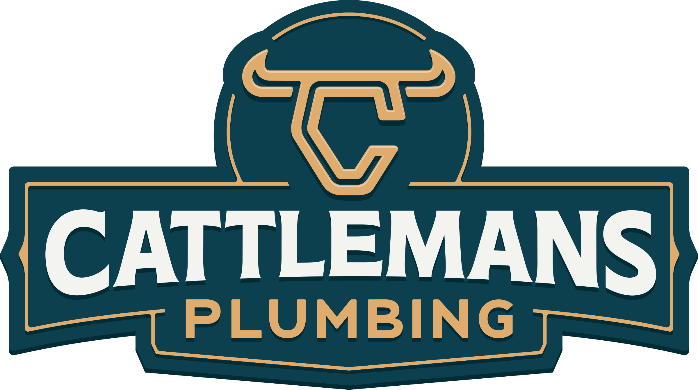 Cattlemans Plumbing primary logo with a horn-shaped monogram and teal-and-gold outlined nameplate