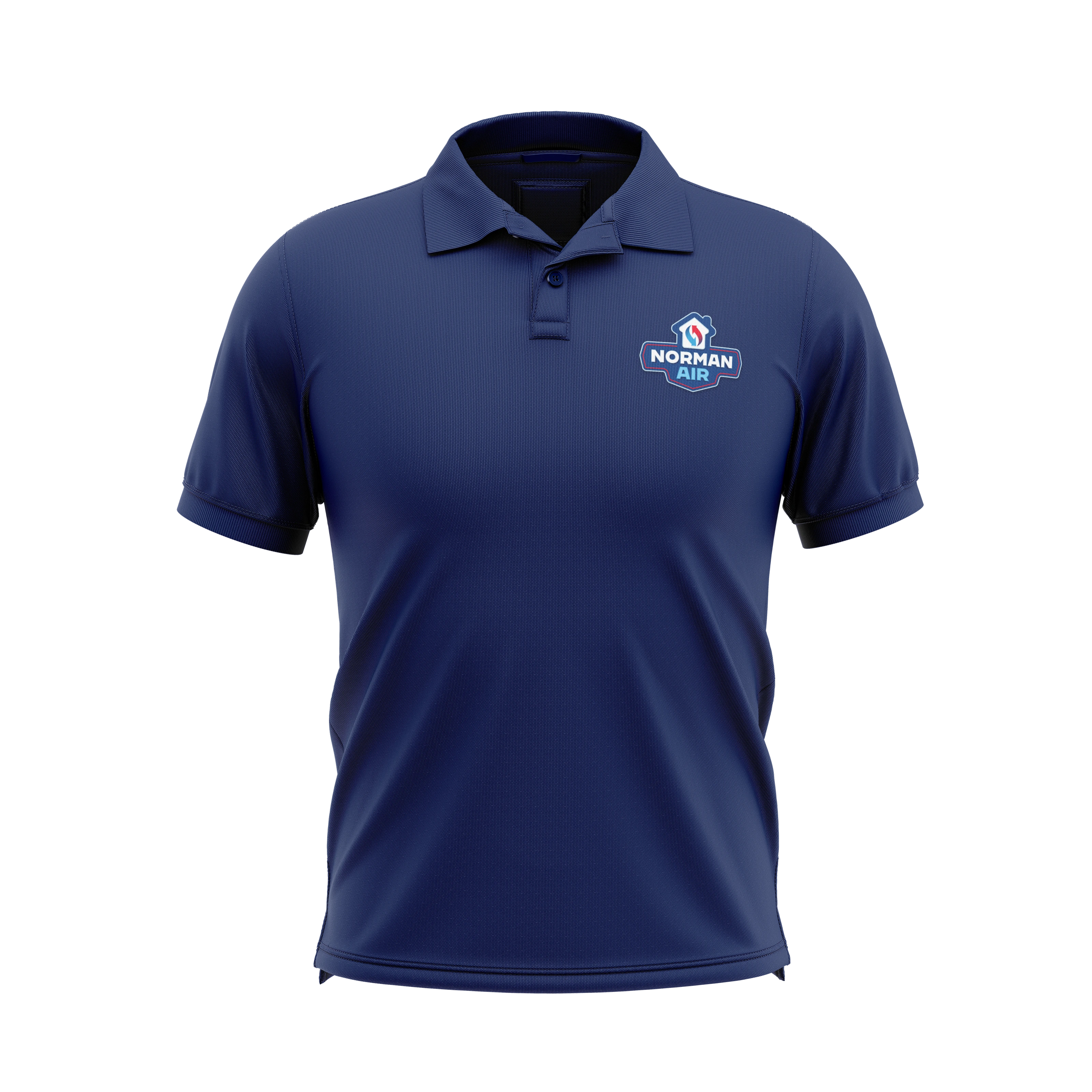 Navy Norman Air polo-shirt mockup with a compact house-and-wordmark chest logo