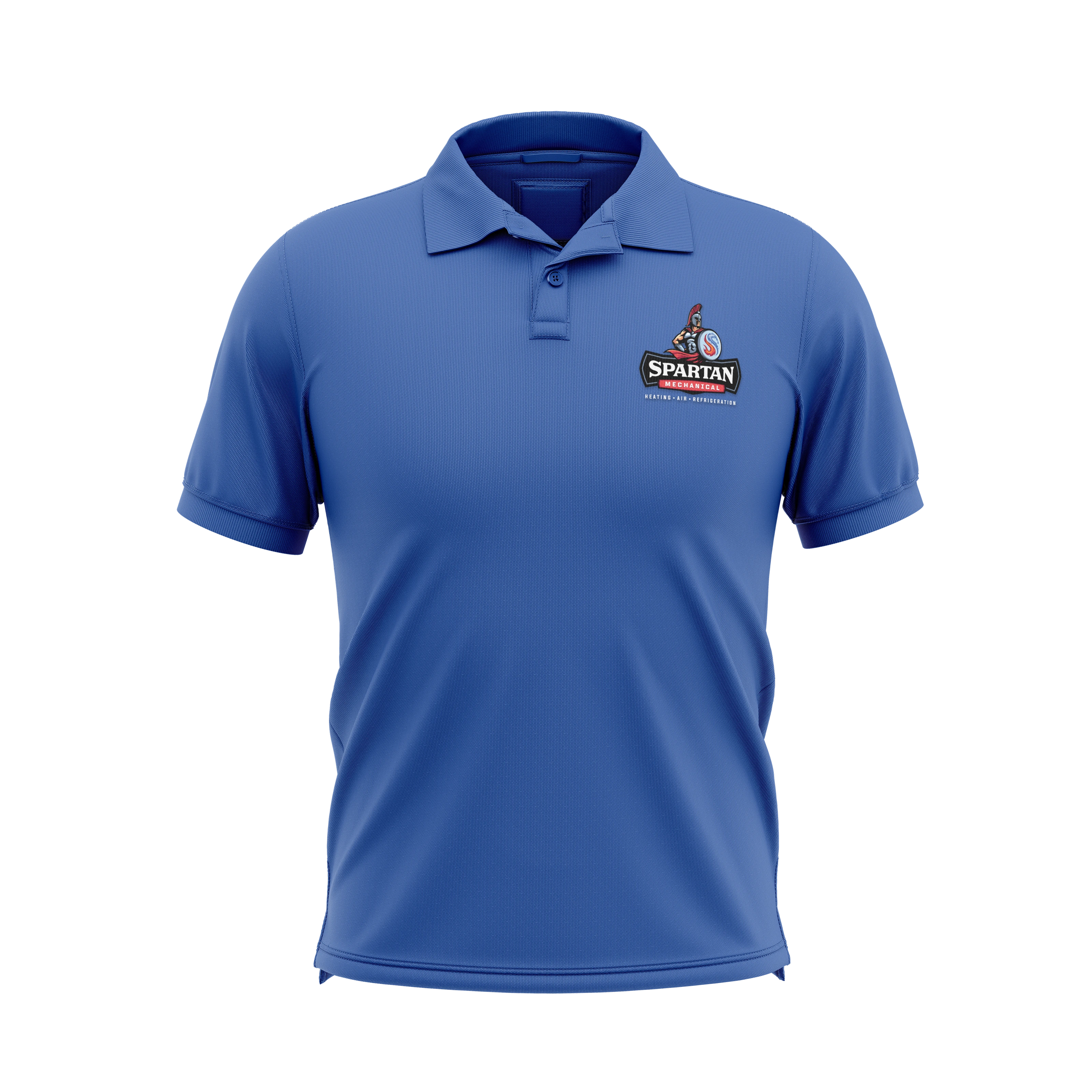 Blue Spartan Mechanical polo-shirt mockup with a small warrior-and-wordmark chest logo