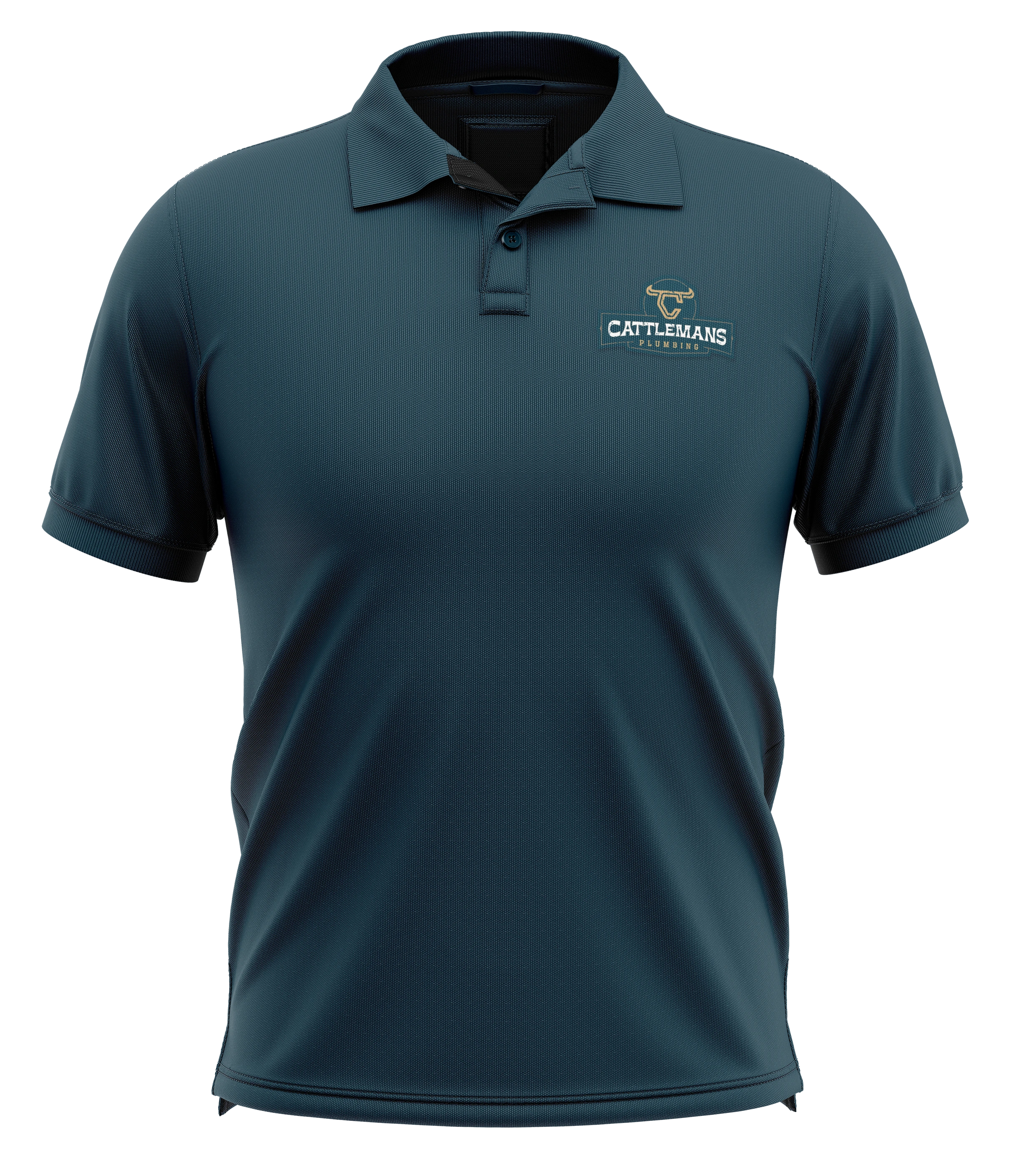 Dark teal Cattlemans Plumbing polo-shirt mockup with a small chest wordmark and horn-shaped emblem