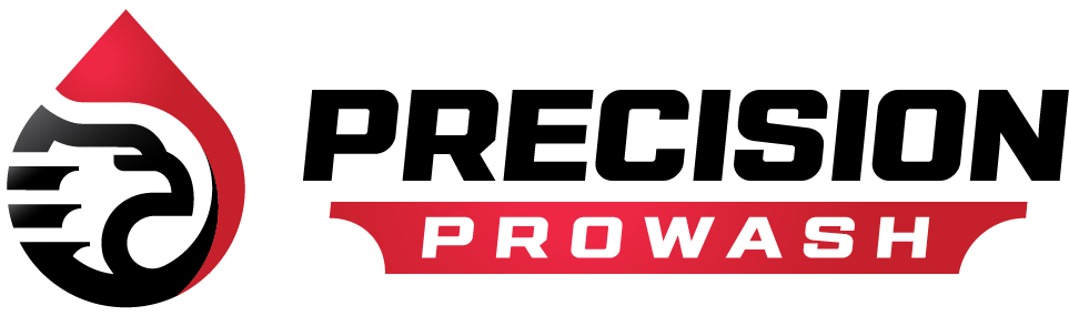 Precision Prowash red-and-black eagle-and-droplet emblem and italic wordmark.