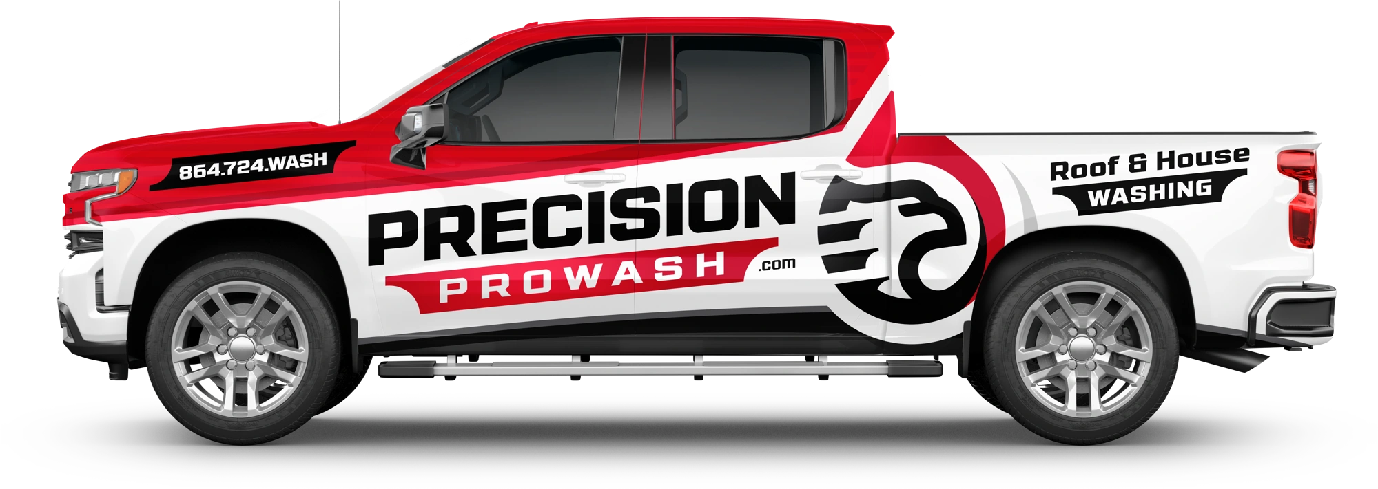 Precision Prowash red, white and black pickup-wrap mockup with a large eagle-and-droplet emblem.