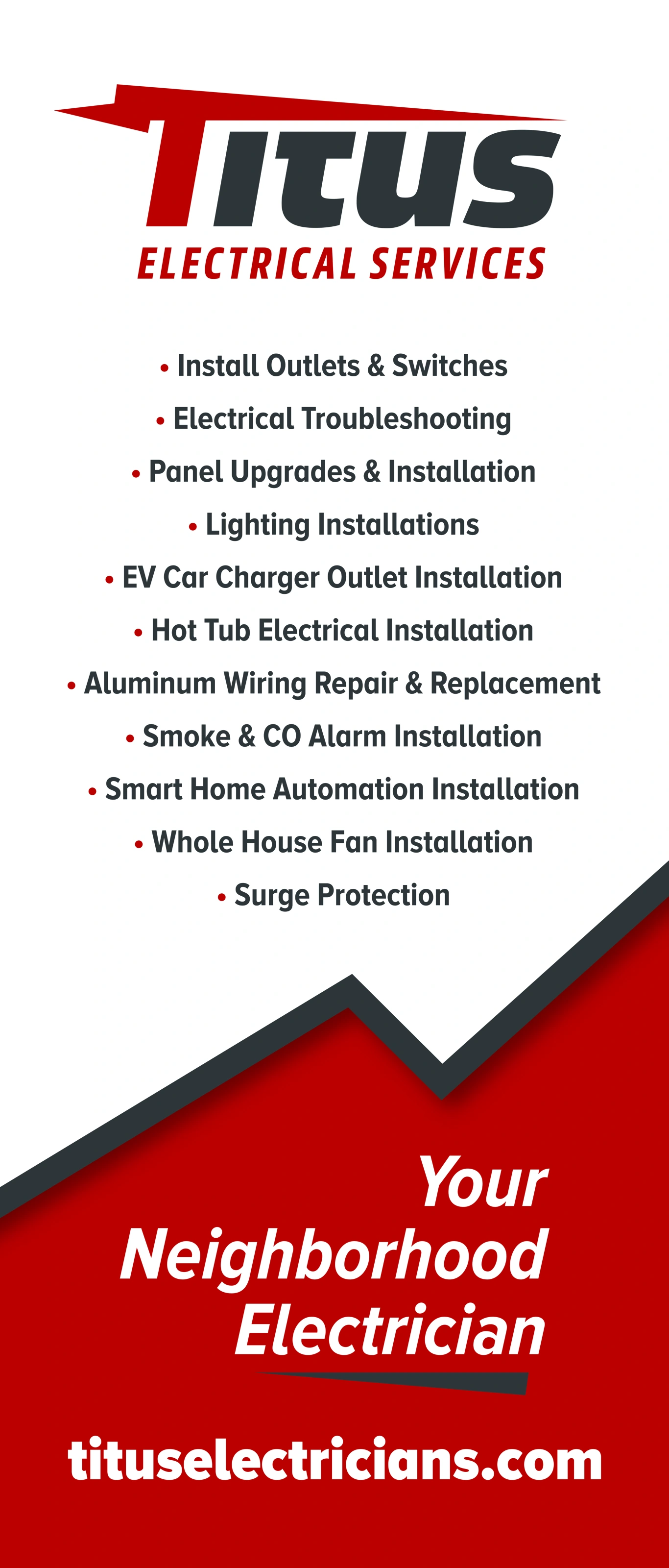 Titus Electrical Services vertical trade-show banner artwork with a service list and red footer