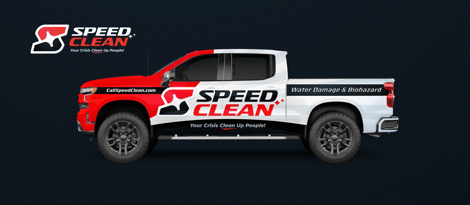 Speed Clean red, white and black water-damage cleanup pickup-wrap mockup.