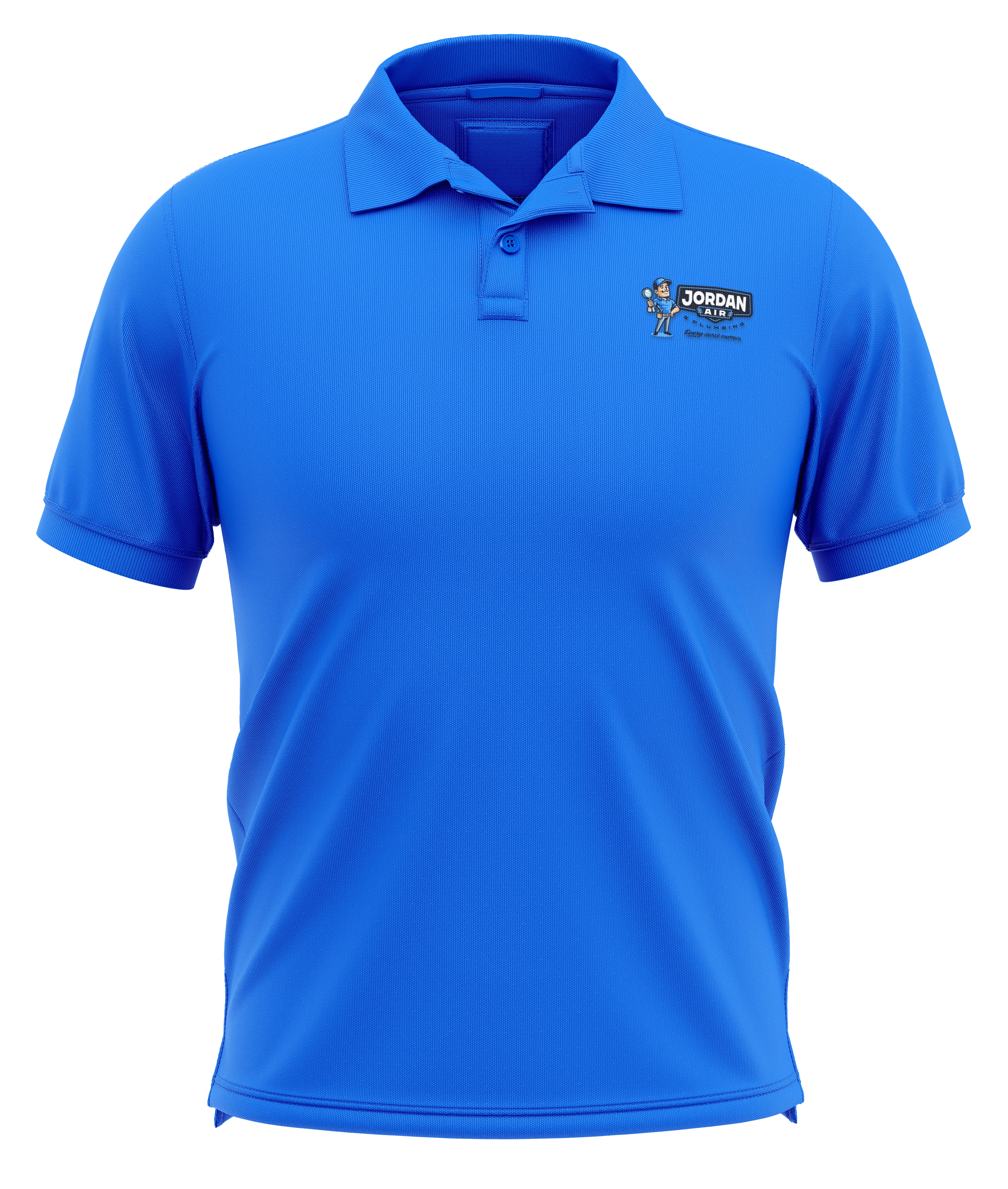 Bright blue Jordan Air and Plumbing polo-shirt mockup with a small mascot-and-wordmark chest logo